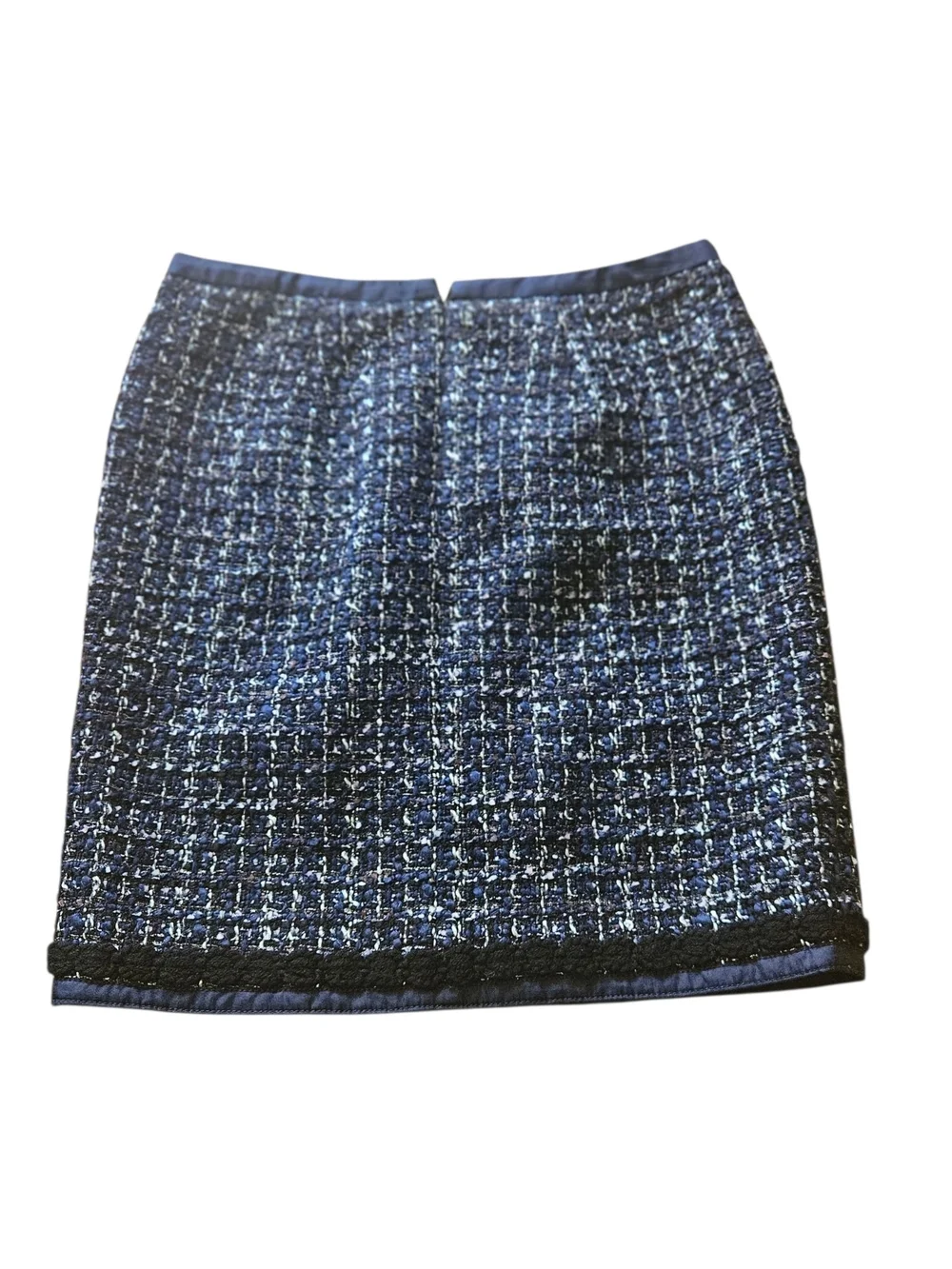 Tory Burch Navy Blue Tweed Mini Skirt Size 2 Textured Silk Trim Pocket Detail